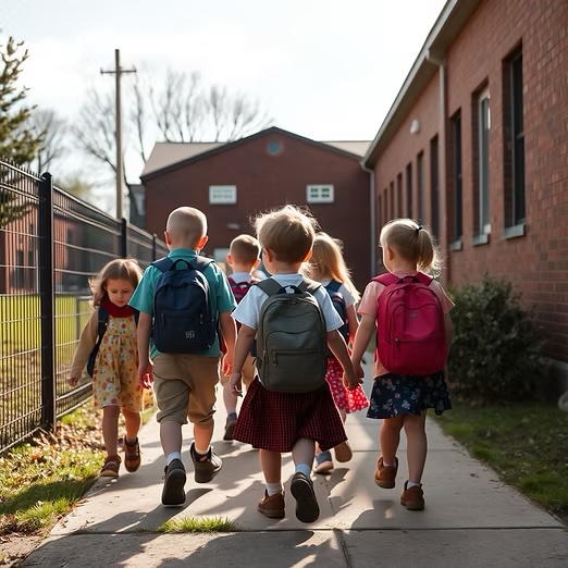 A group of children with backpacks walking together alongside a school building