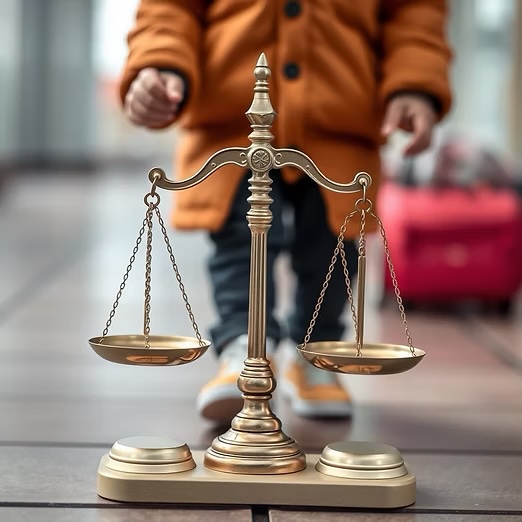 A brass scale of justice on a sidewalk with a child standing behind it
