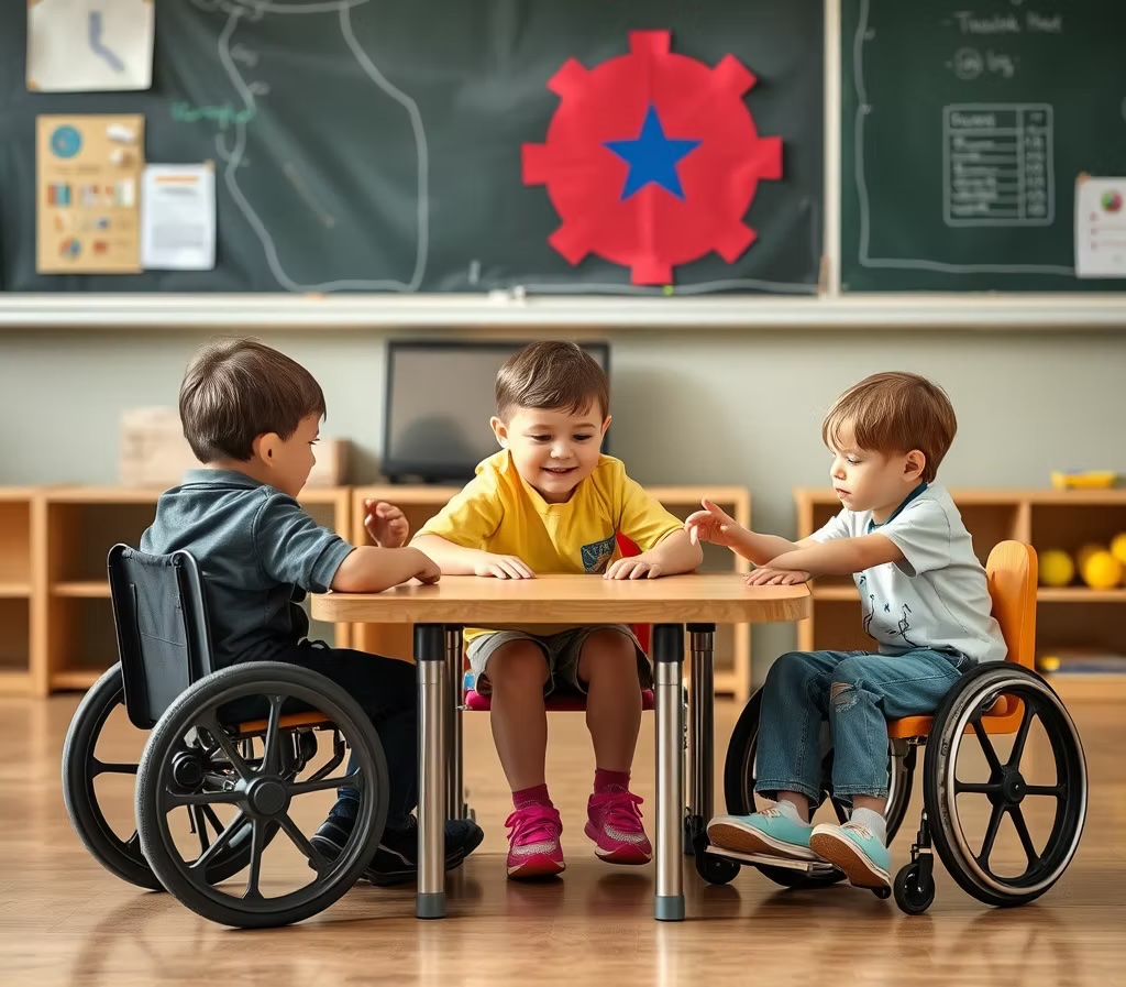 Three children in wheelchairs gathered around a classroom table, smiling and reaching toward one another