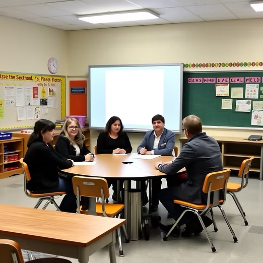 A team of advocates and school staff seated around a table during an IEP meeting
